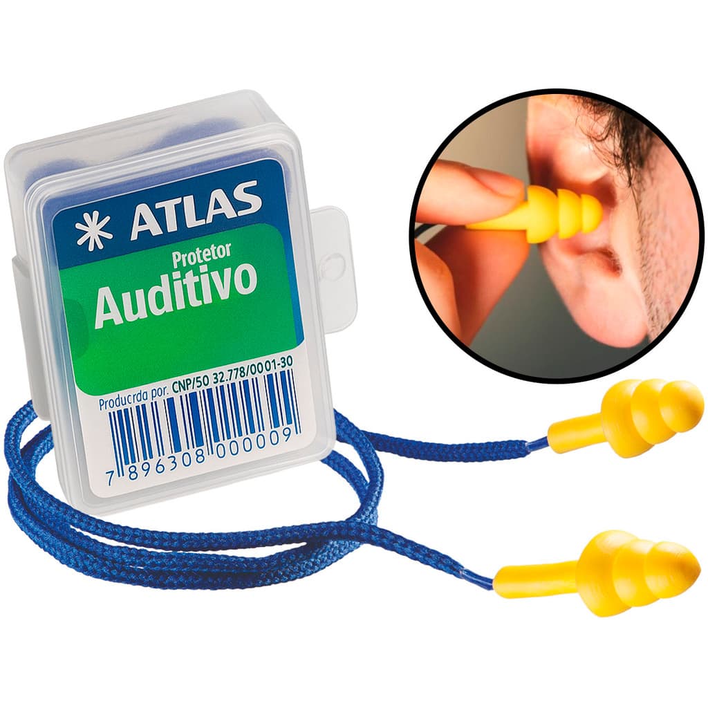 Protetor Auricular Ouvidos Tipo Plug Abafador Plástico Com Cordão Em Tecido Redução De Ruídos Atlas	