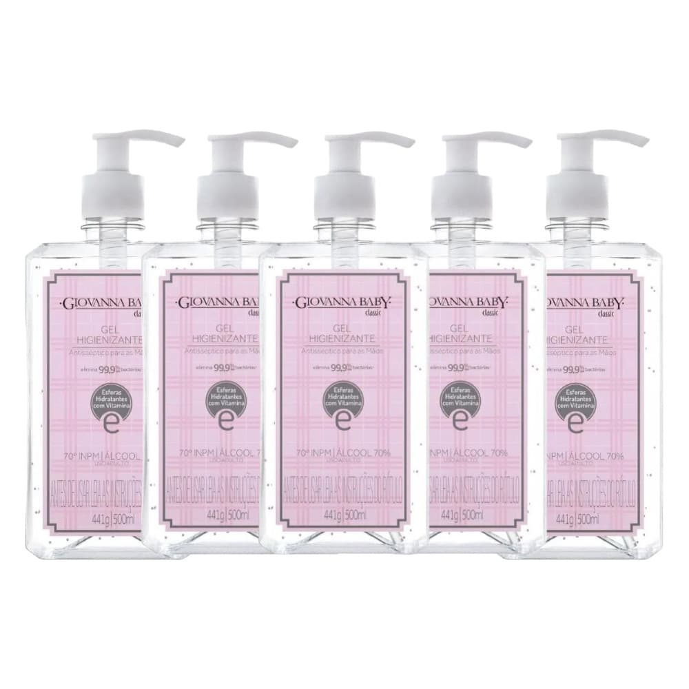 Kit Álcool Em Gel Higienizante Giovanna Baby Classic Rosa 500ml (5 unidades)