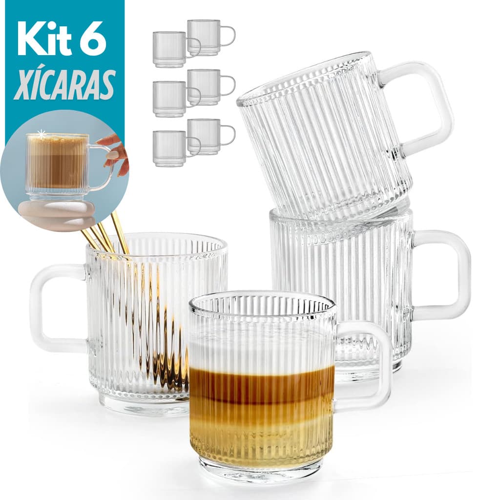 Conjunto 6 Canecas de Vidro Caneladas Xícaras Resistentes Textura Canelado Café