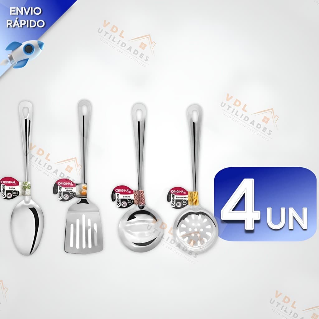 Utensilios para Cozinha INOX 4pçs - Espatula Escumadeira Colher de Arroz Concha Louça Comida Casa