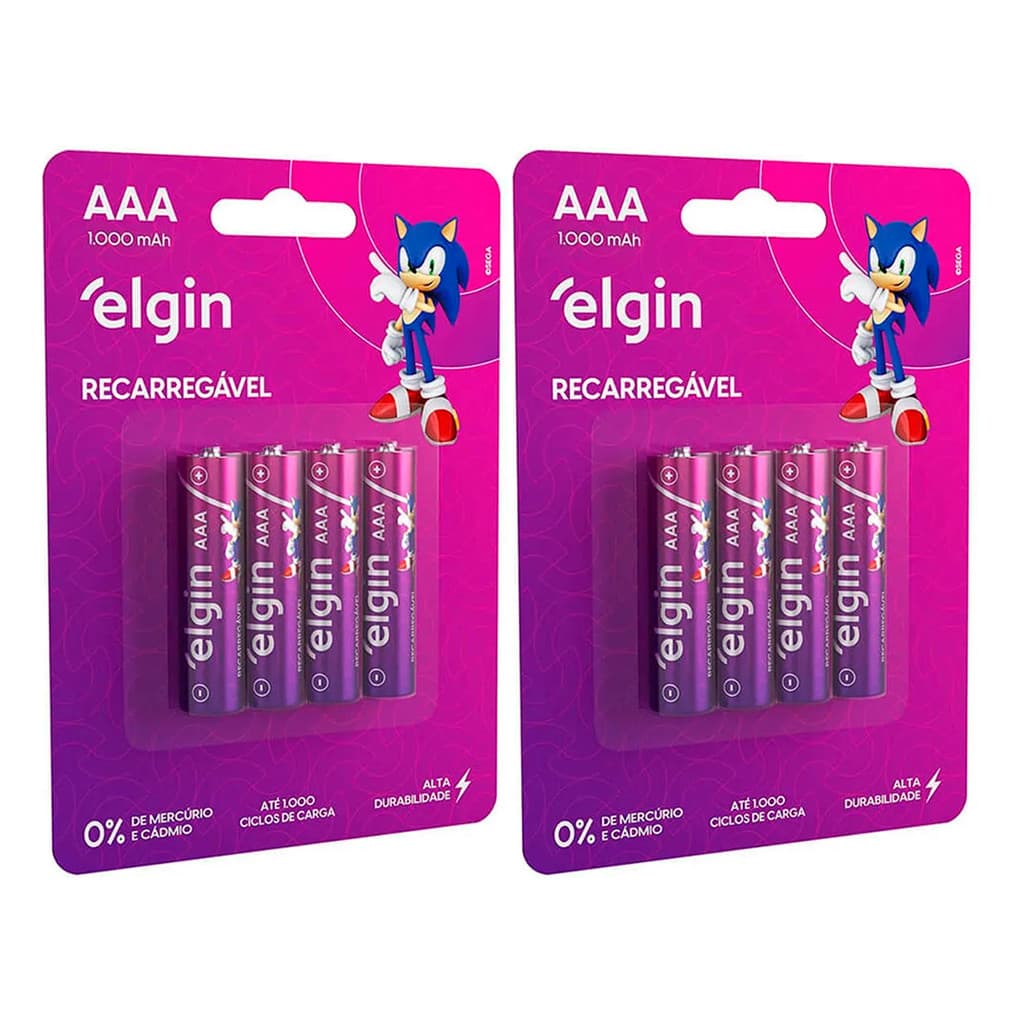8 Pilhas Recarregável Palito Elgin AAA 1000mAh C/ 2 Cartelas