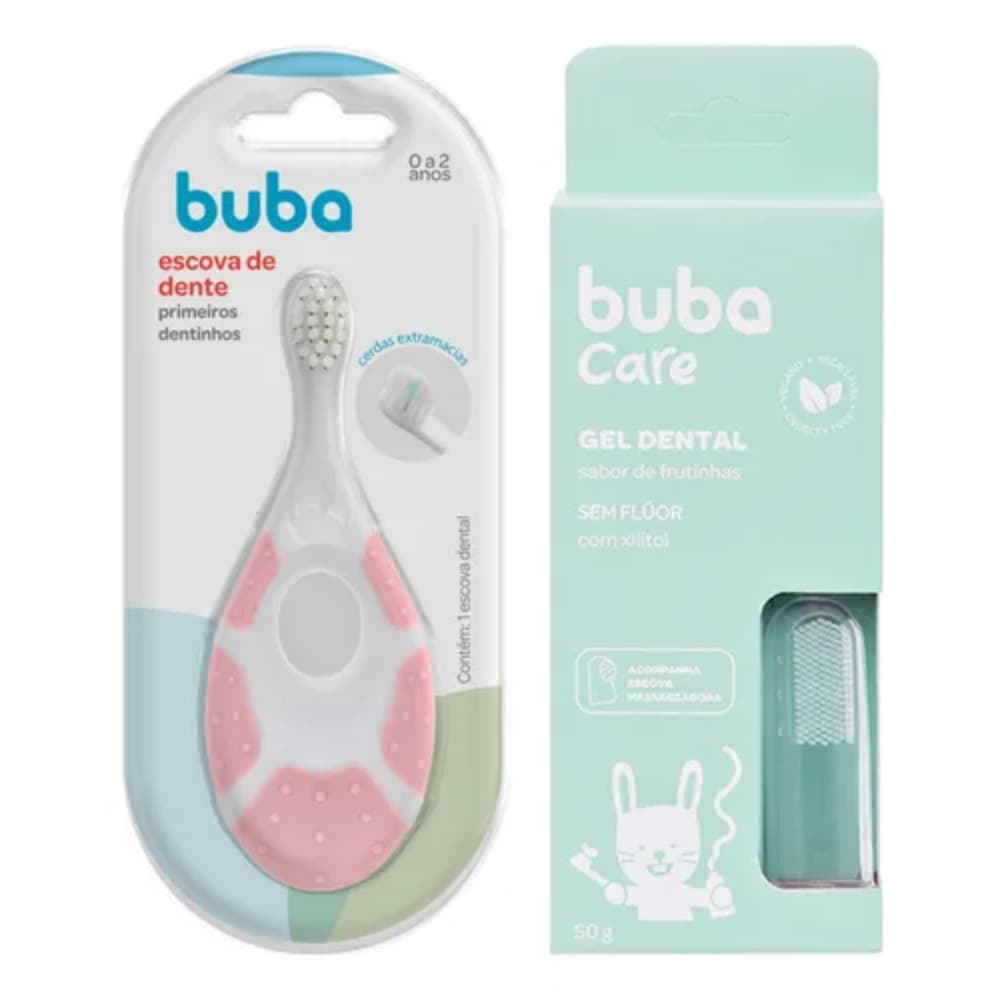 Kit Escova De Dente Rosa Primeiros Dentinhos e Gel Dental C/ Escova Massageadora - BUBA
