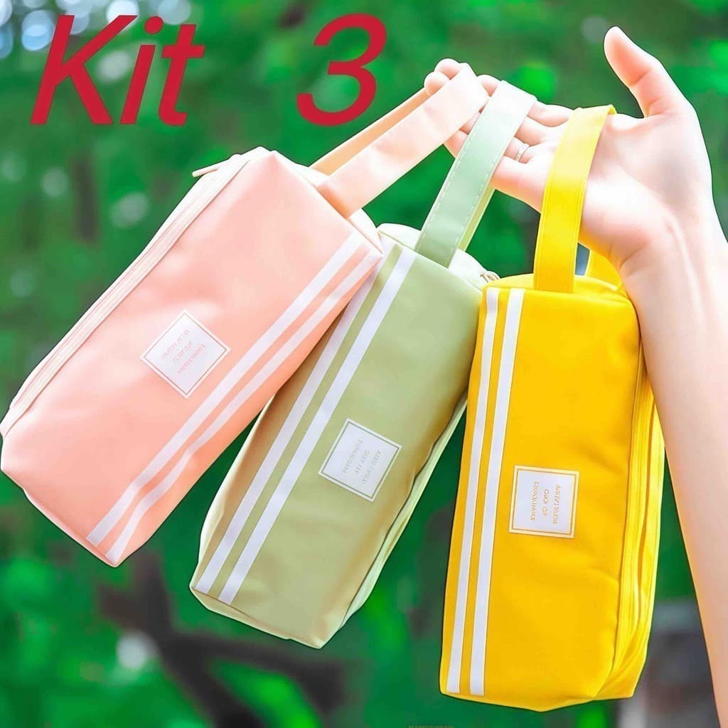 Kit 3 estojo portátil de lona de papelaria dupla camada