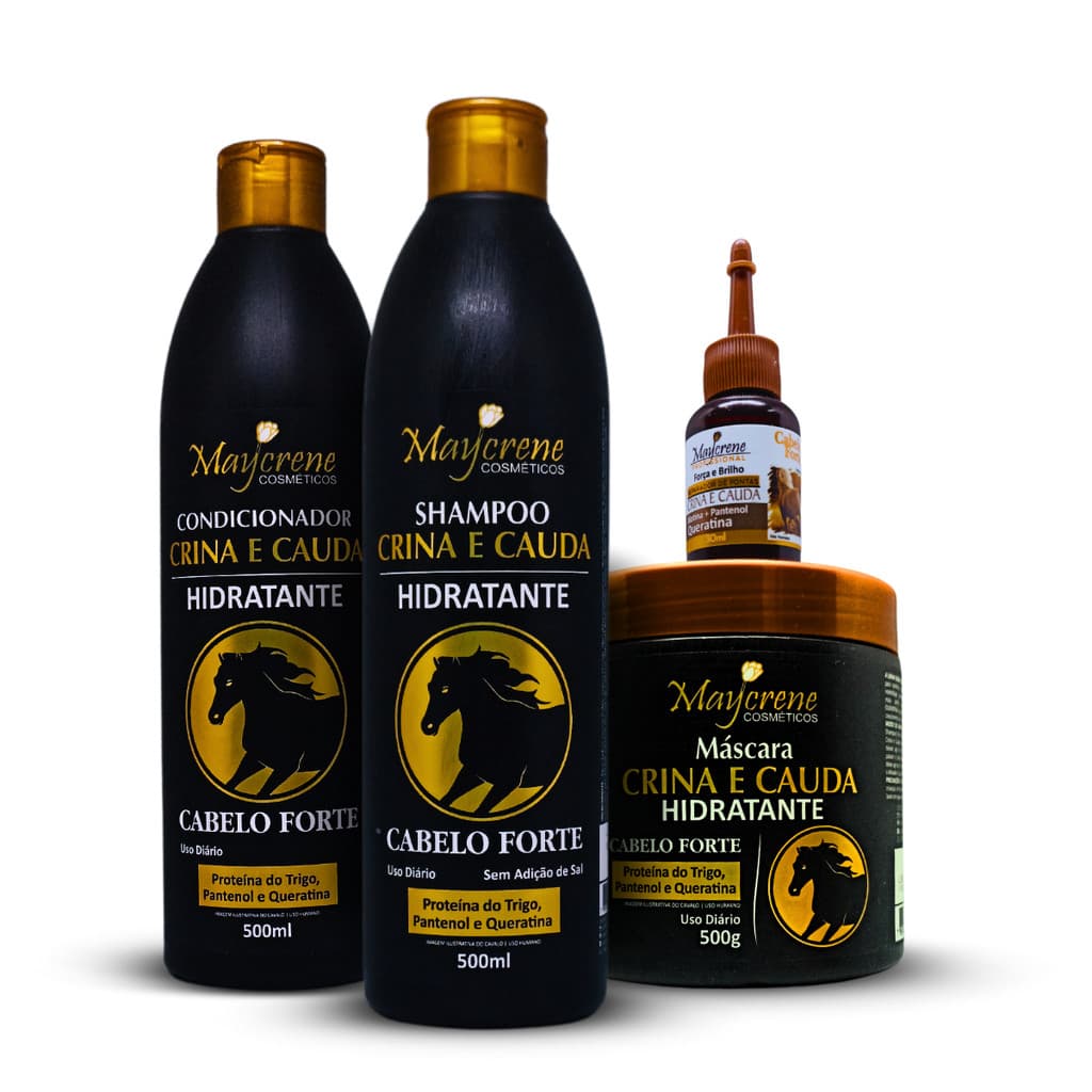 Kit Crina e Cauda Maycrene 500ml Crescimento - Shampoo, Condicionador, Máscara e 1 Reparador 30ml