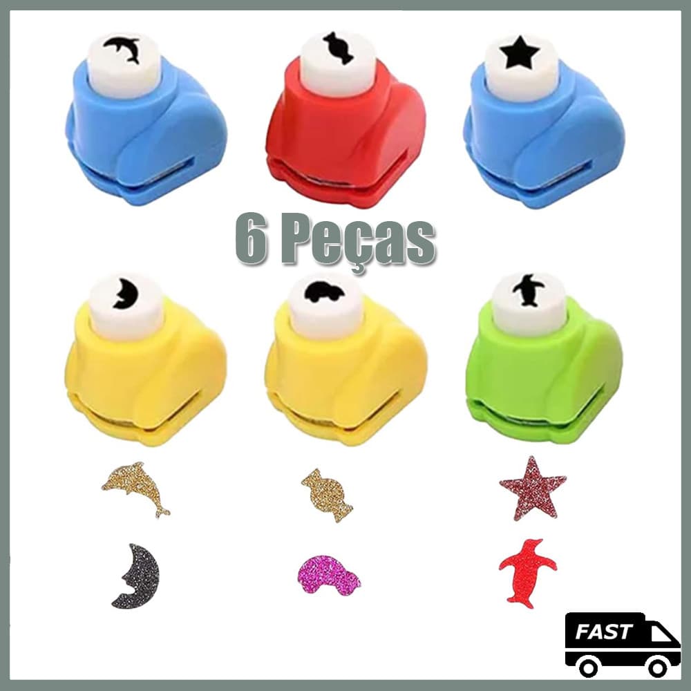 6 Peças Furador De EVA E Papel 10mm -lua carro estrela golfinho pinguim doce
