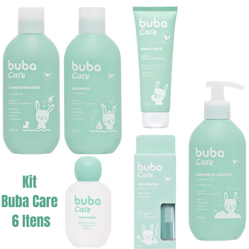 KIT SH 250ML, COND 250ML, SAB LIQ 250ML, GEL DENTAL, COLÔNIA 100ML E HIDRATANTE 120ML - BUBA CARE