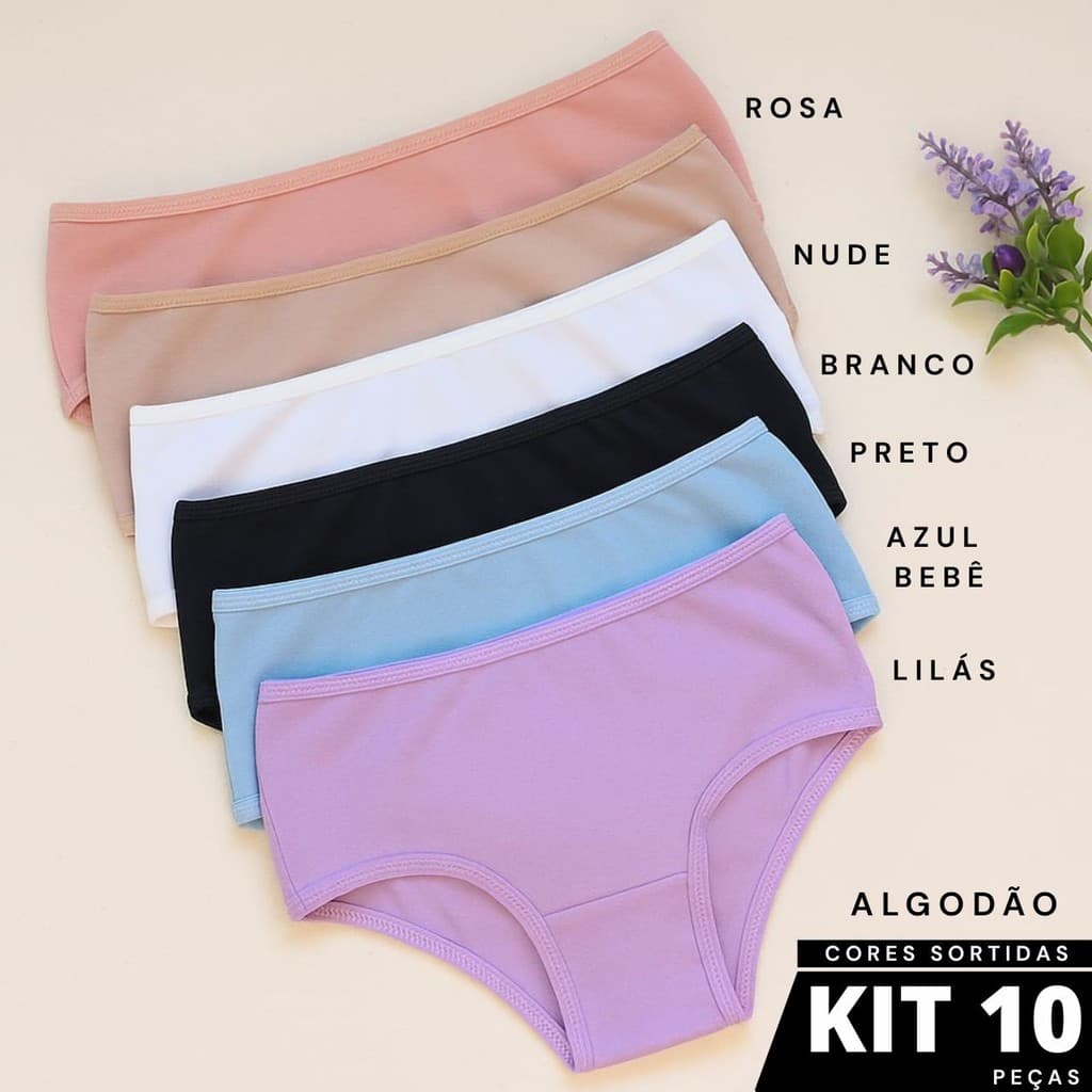 Kit 10 Calcinhas Juvenil Infantil Cotton Algodão Básica Dia a Dia Alto Conforto Qualidade Juju
