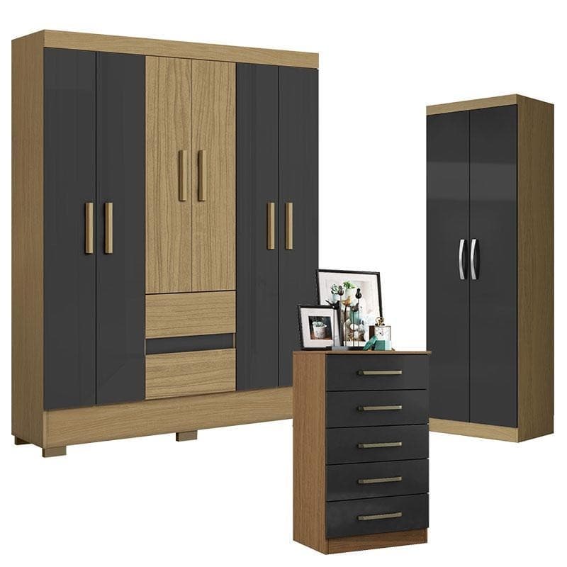 Guarda Roupa Casal Coimbra 2005138 com Armário Multiuso New 2000192 e Cômoda 2014140 Atacama Grafite - Aramóveis