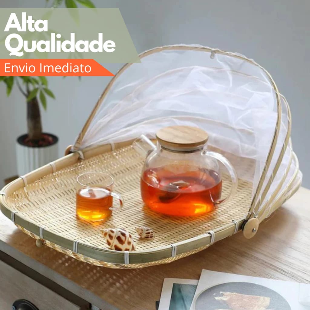 Cesto Porta Pães Bolo Frutas Piquenique Bambu Cobertura Tela Retrátil Retângular