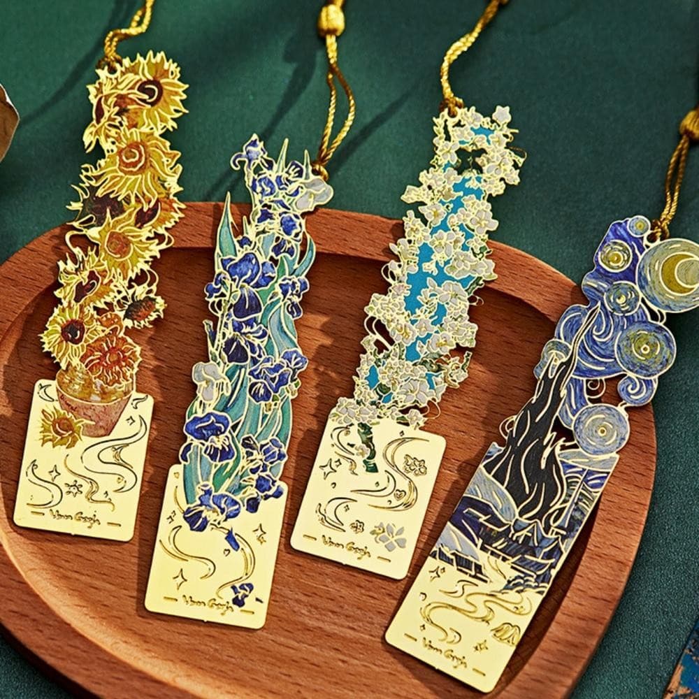Marcadores De Metal De 1 Unidade Com Borla , Marcador Oco Dourado Van Gogh Monet Pintura A Óleo Tema Marca De Livro Para