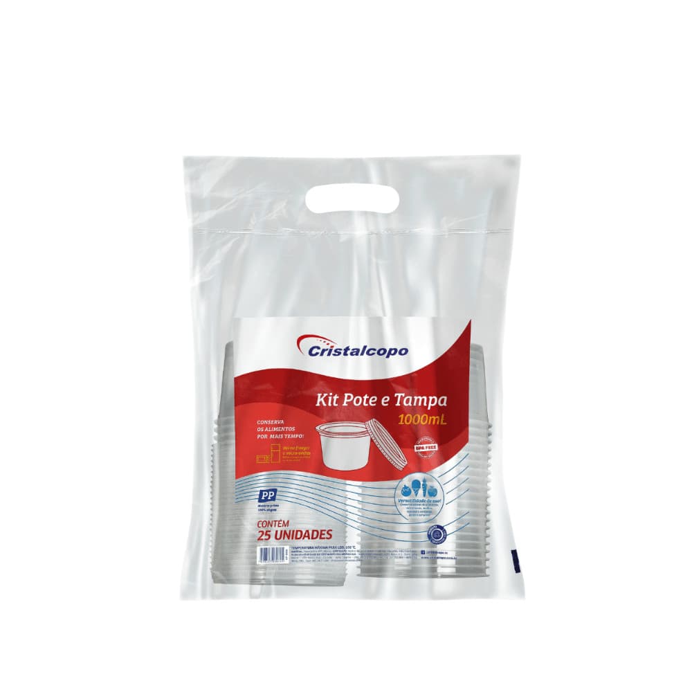 Pote de 1.000ml transparente com tampa Cristalcopo com 25 unidades
