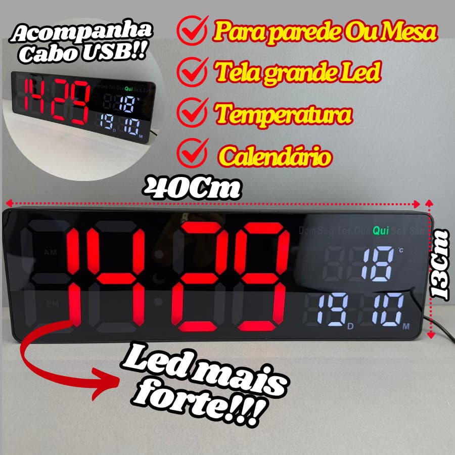 Relógio Digital 40x13Cm De Parede Ou Mesa Calendário Temperatura Horário Semana Decorativo