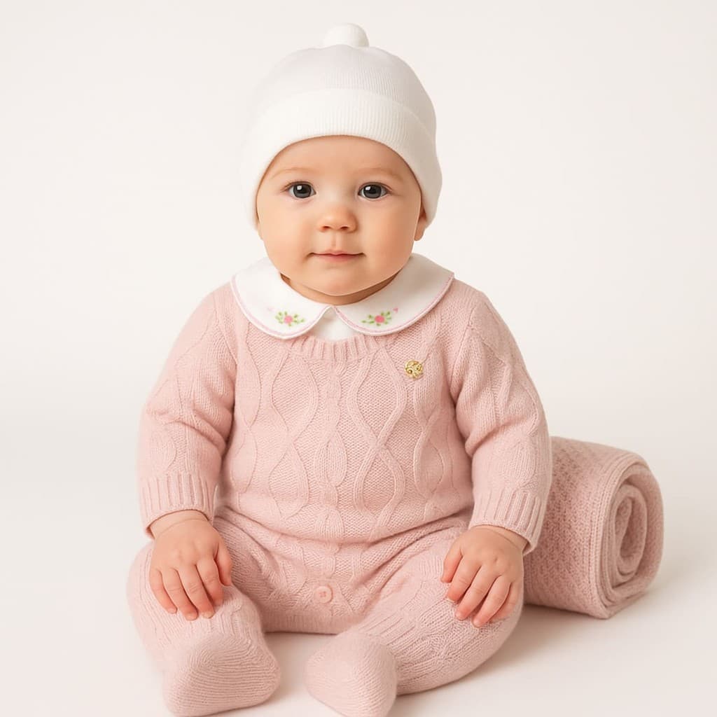 Saída Infantil Feminina Maternidade Tricô Rosa Kit Body Manta Touca Conjunto Bebê Delicado