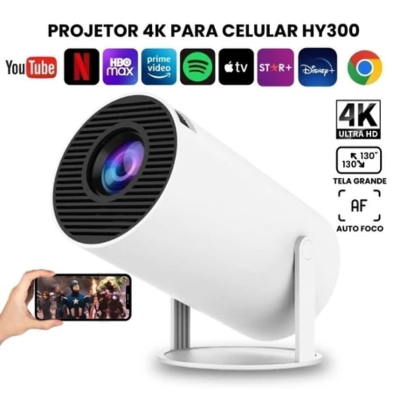 Projetor Wi-Fi HD portátil equipado com Smart Cinema Hy300 4k