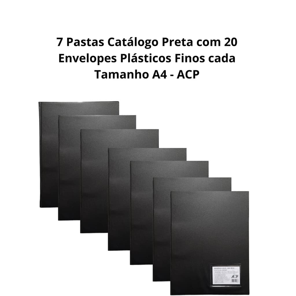 7 Pastas Catálogo Preta com 20 Envelopes Plásticos Finos cada /Tamanho A4 / ACP
