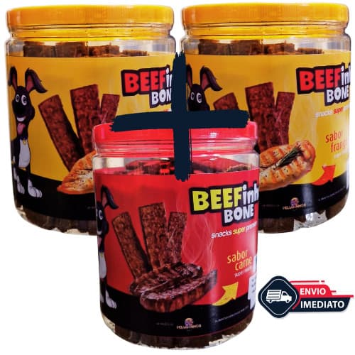 Kit 3 Bifinho BEEFinho Bone 1 KG Petiscos Cães Cachorro Pet Premium - 1 CARNE + 2 FRANGO