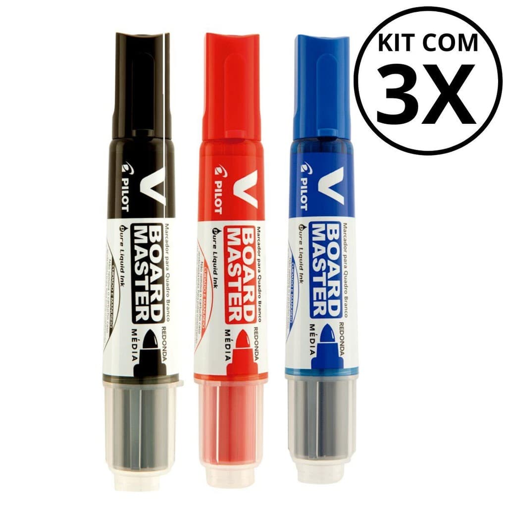 Kit com 3 Marcadores Para Quadro Branco - PILOT/ PILOTO KITS:AZUL+PRETO+VERMELHO