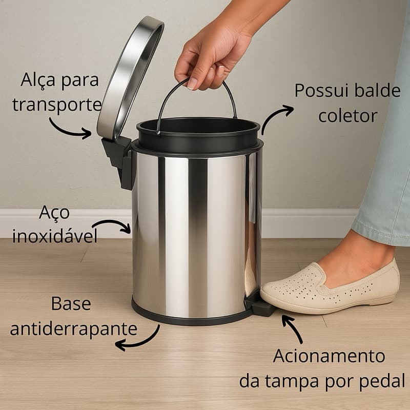 Lixeira 3Lts 5Lts 7Lts 12Lts de Inox  Com Pedal e Cesto Removível Banheiro Cozinha