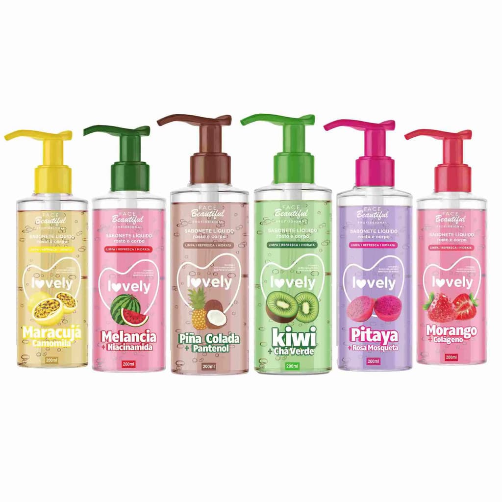 Kit 6 Sabonete Gel de Limpeza Corporal e Facial de Fruta Creme Lovely Face Beautiful 200ml