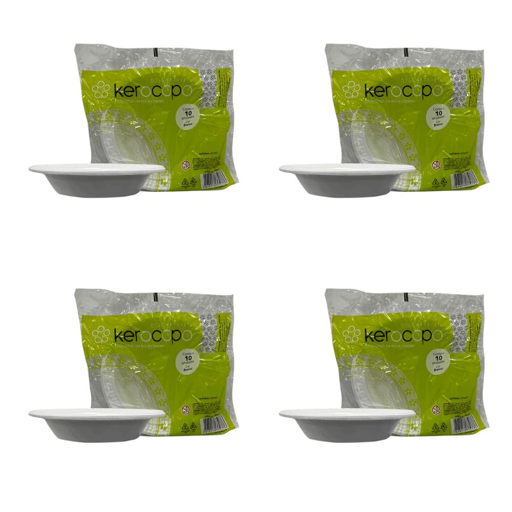 4 Pacotes de Prato Fundo 21cm Branco para Refeição Kerocopo com 10 unidades