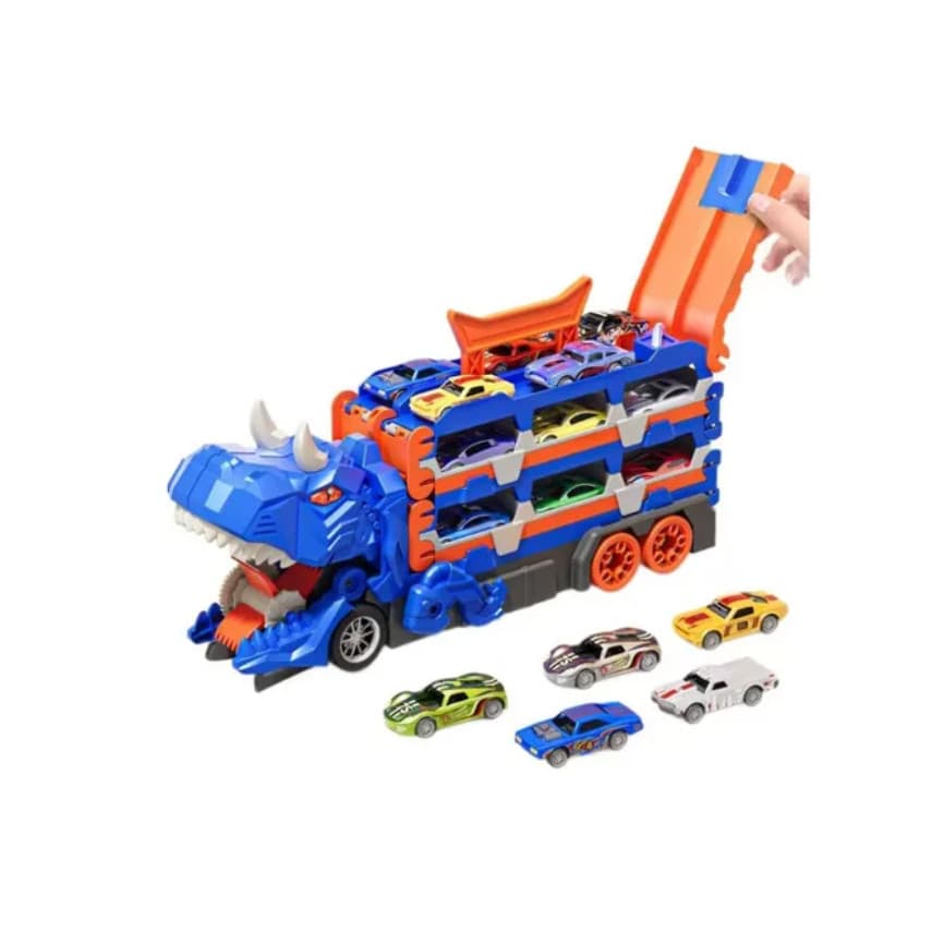 Caminhão Dinossauro 4 em 1 com pista e lancador, 6 carrinhos demetal