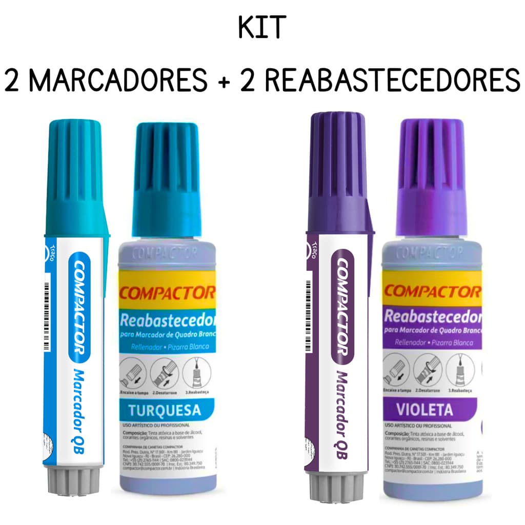 Kit com 2 Marcadores Para Quadro Branco + 2 Reabastecedores - COMPACTOR