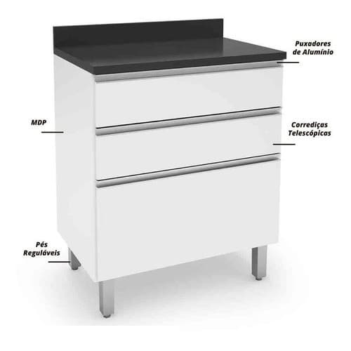 Balcão De Cozinha E Lavanderia 0,70m Top Class 2 gavetas 1 Gavetão Branco