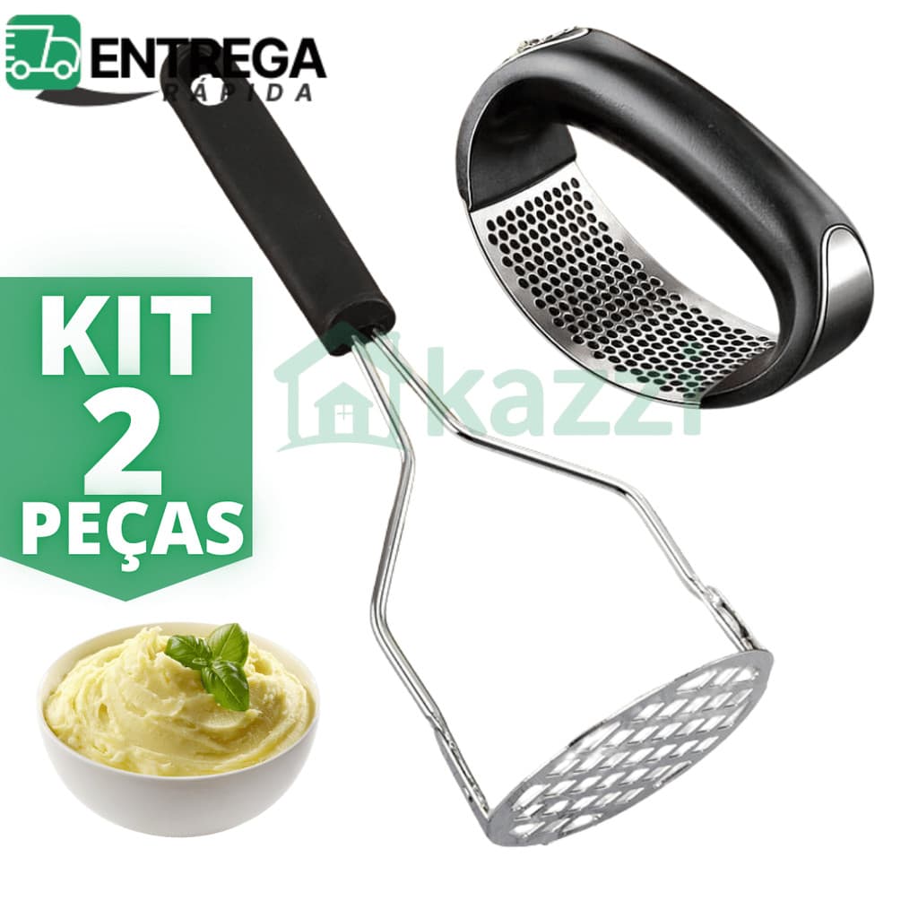 Kit 2 Utensílios para Cozinha Inox: Triturador de Alho e Amassador de Batata Espremedor Resistente