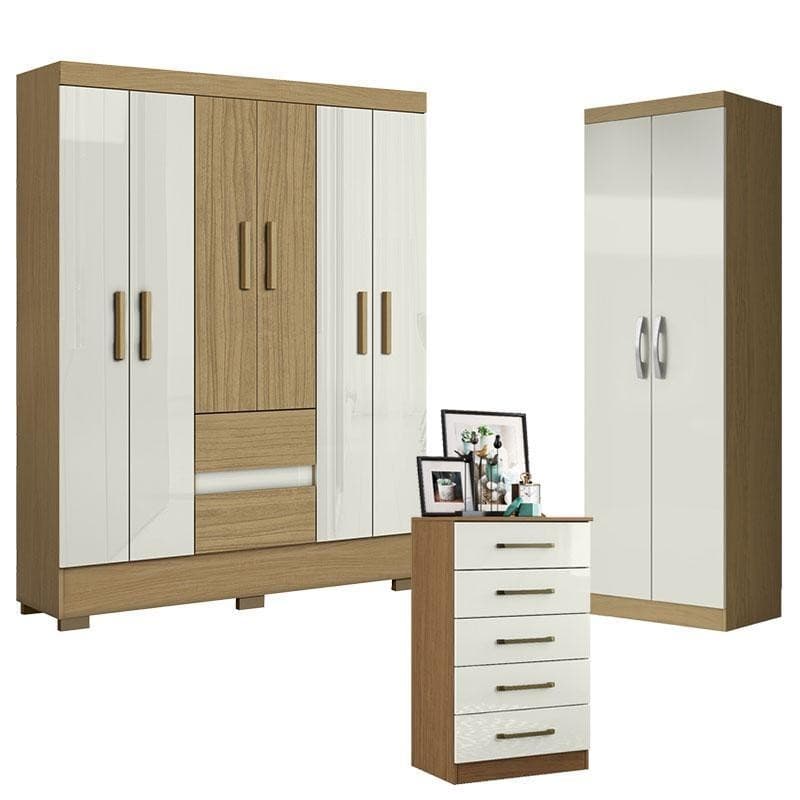Guarda Roupa Casal Coimbra 2005138 com Armário Multiuso New 2000192 e Cômoda 2014140 Atacama Off White - Aramóveis 