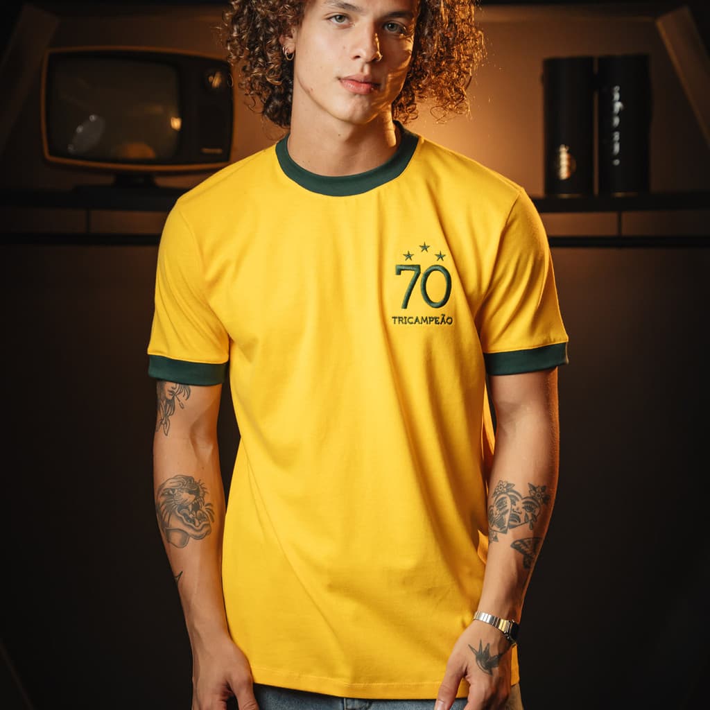 Camisa Brasil Retrô 1970 Amarelo Masculina Oficial