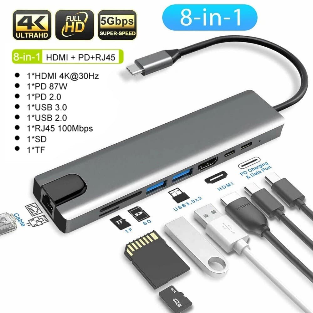 Tipo-C Hub 8-em-1 Adaptador HDMI 4K USB 3.0 para Adaptador de Laptop PC Computador PD Carregamento RJ45 HDMI TF/SD