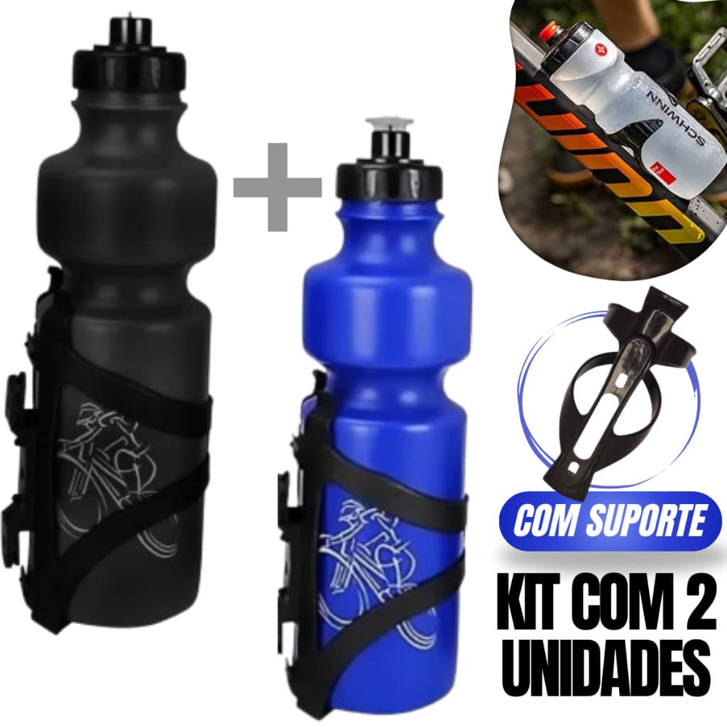 Kit 2 Unidades Garrafa Caramanhola para Bike Bicicleta Squeeze Agua 750ml + Suporte Garrafinha