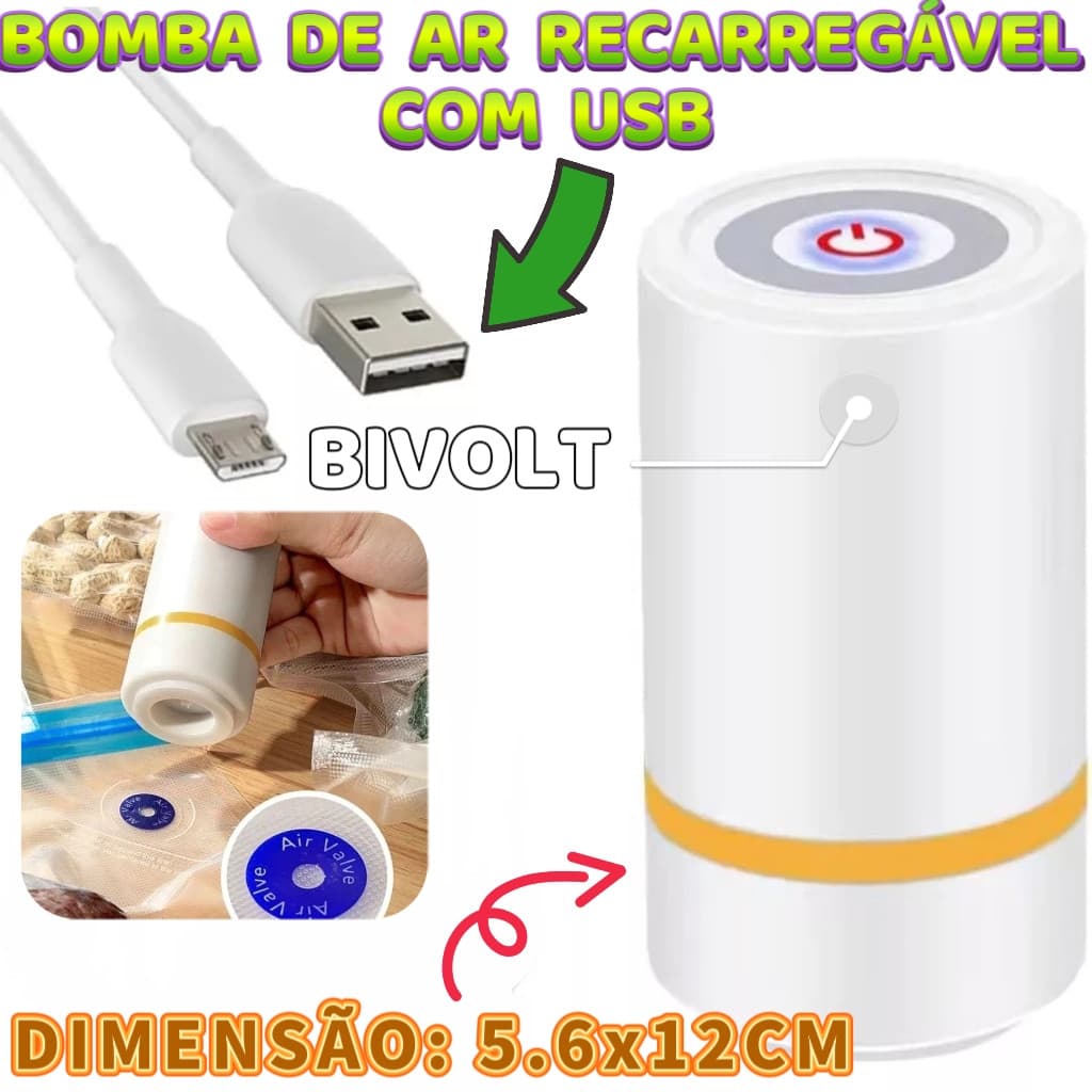 Bomba De Ar USB Recarregável Para Saco à Vácuo Bivolt Aspirador Organizador Resistente Guardar Casa