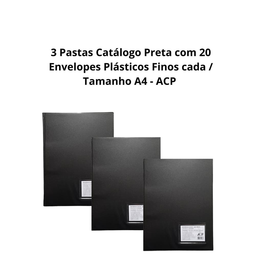 3 Pastas Catálogo Preta com 20 Envelopes Plásticos Finos cada /Tamanho A4 / ACP