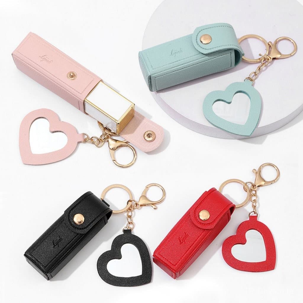 Criativo Couro Do Plutônio Batom Saco Chaveiro Em Forma De Coração Espelho Pingente Feminino Bolsa Ornamento