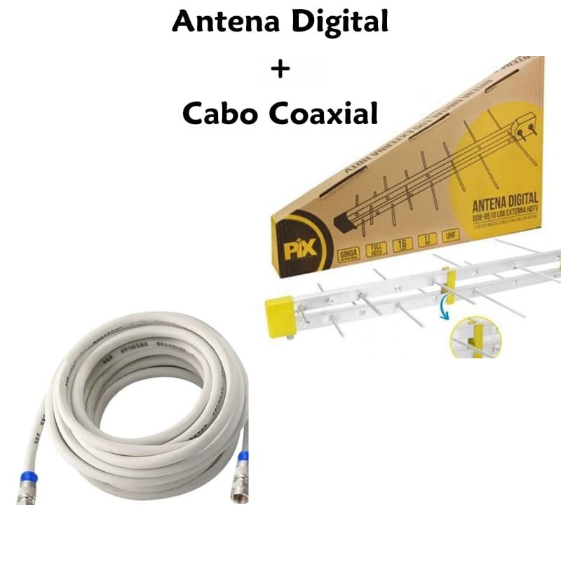 Kit Antena Digital 4K Externa Log 16 elementos e Cabo Coaxial Varias Medidas
