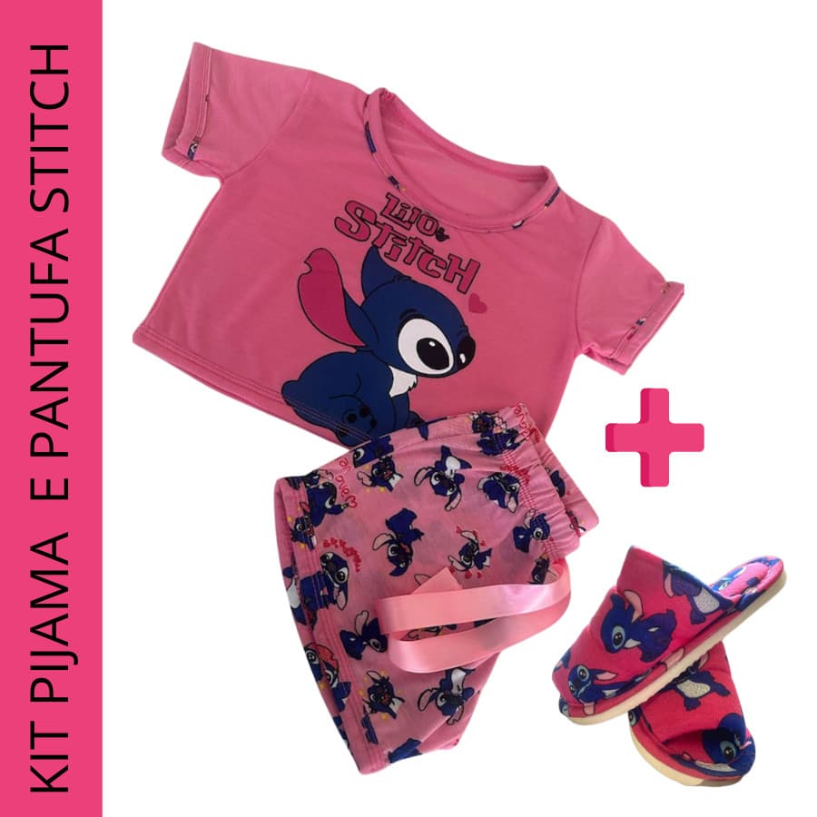 Kit 01 Shot Dool Infantil Stitch 01+ Pantufa Infantil Feminina Stitch Pantufa pijama satin