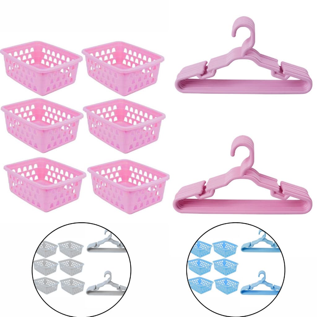 Kit Organizador 10 Cabides infantil e 6 Cestos Organizadores Branco Rosa Azul