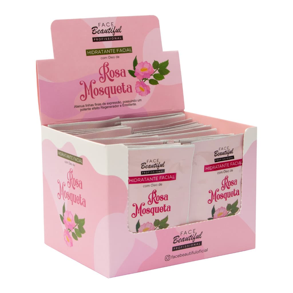 Box 50un Sachê Hidratante Facial Rosa Mosqueta 10ml Face Beautiful