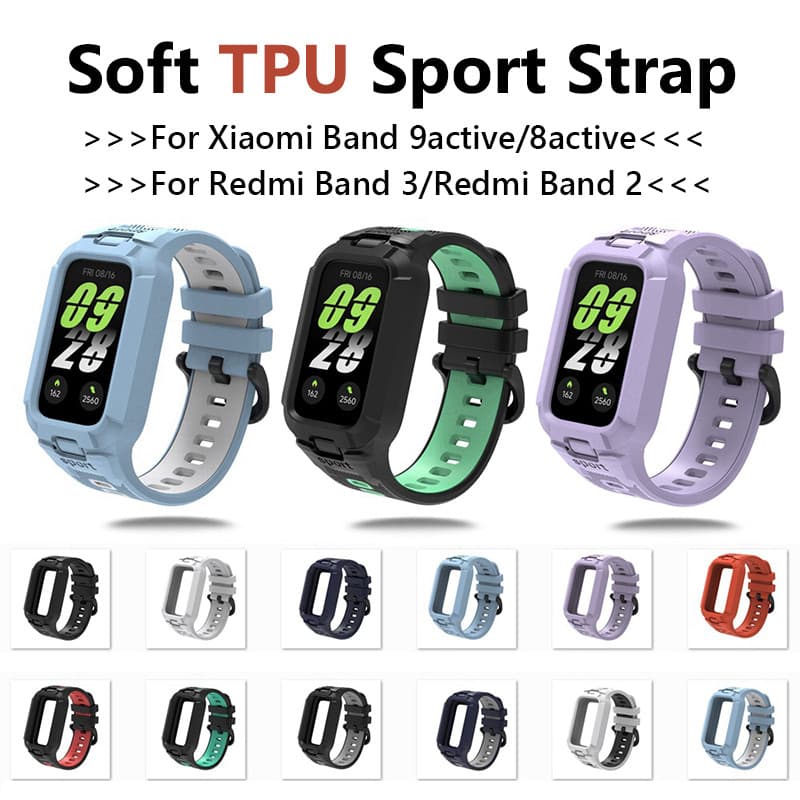 Pulseira De TPU Macia 2 Em 1 Para Xiaomi Band 9 active/8active/Redmi 3/2 Esportiva Integrada Com Moldura Protetora Mi 9a