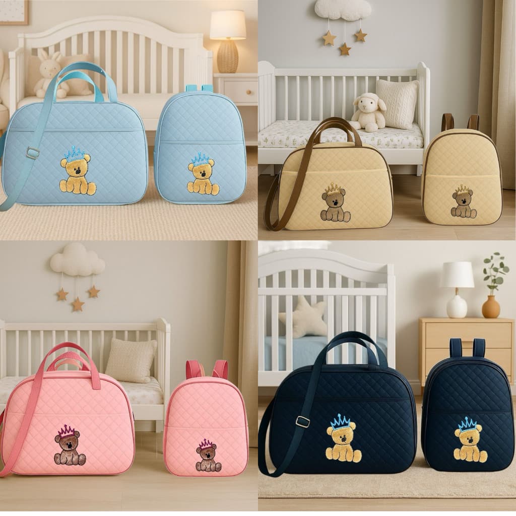 Kit Bolsa E Mochila para Bebê Saida Maternidade Urso Bordada