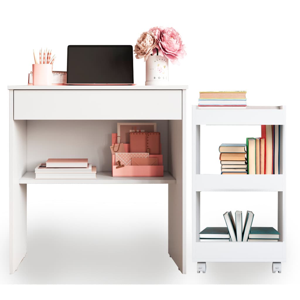 Kit Escritório: Mesa com Gaveta + Carrinho Auxiliar - Fácil Montagem