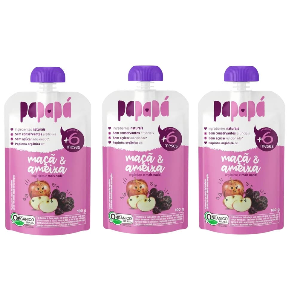 Kit 3x Papinha Orgânica Natural Maçã E Ameixa Papapá 100g