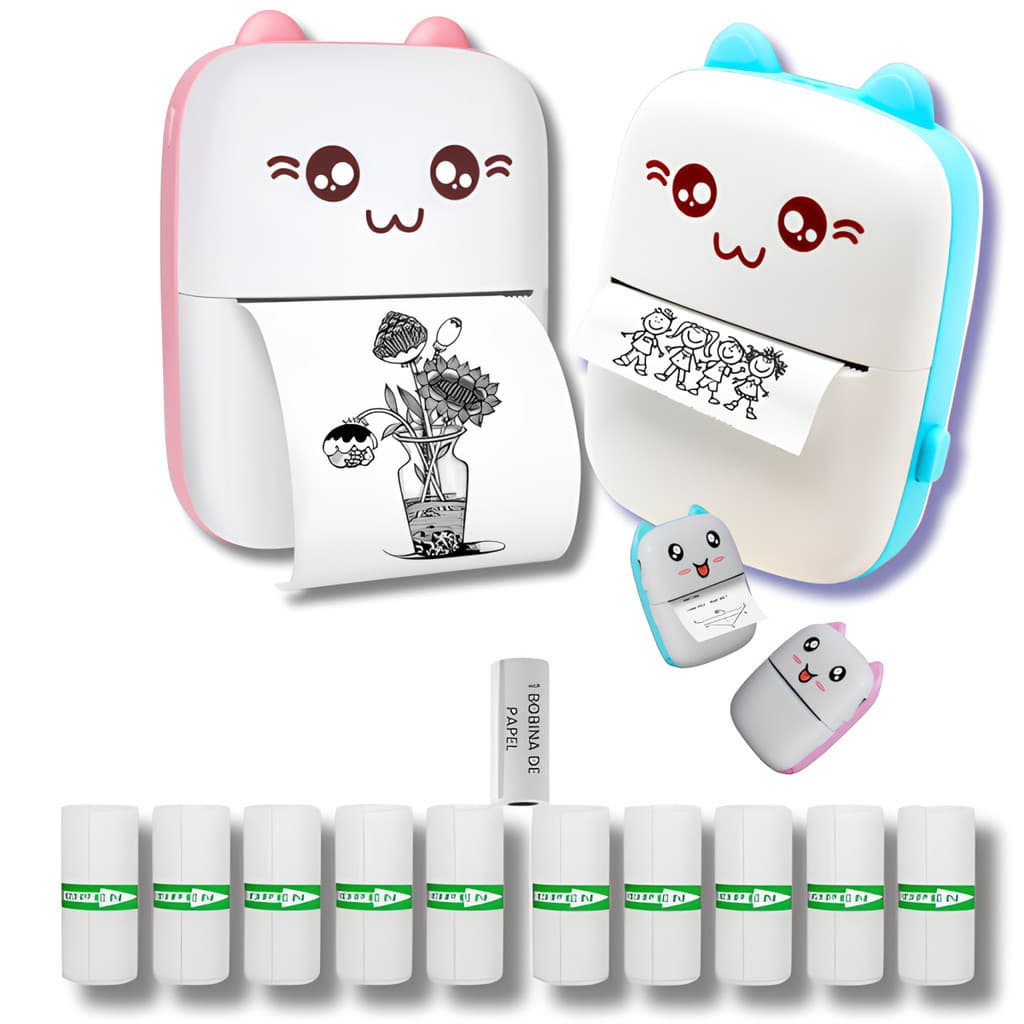Mini Impressora Portátil Gatinho + Rolos Bobina Adesivo Termico ou Comum ( Continuo)