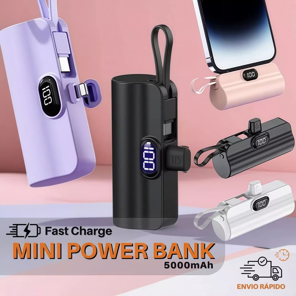 Carregador Mini Power Bank 5000mAh Bateria Sem Fio 2em1 Carregador Portátil para iPhone e Tipo-C