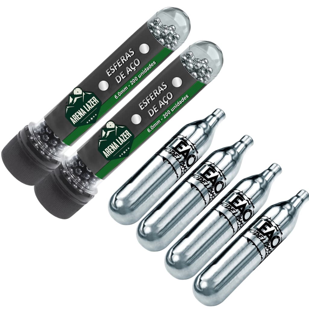 Kit Esportivo Profissional: 400 Esferas de Aço Carbono 6mm + 4 Cartuchos CO2 12g Leão Modelismo