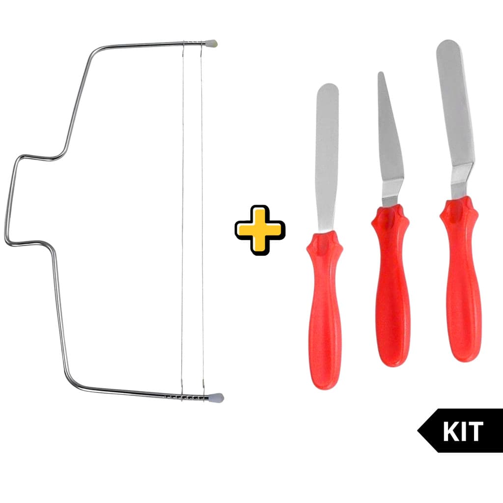 Kit Confeiteira Espátulas + Cortador Nivelador Fio Duplo para Bolo e Torta Alisar Confeitar Decorar