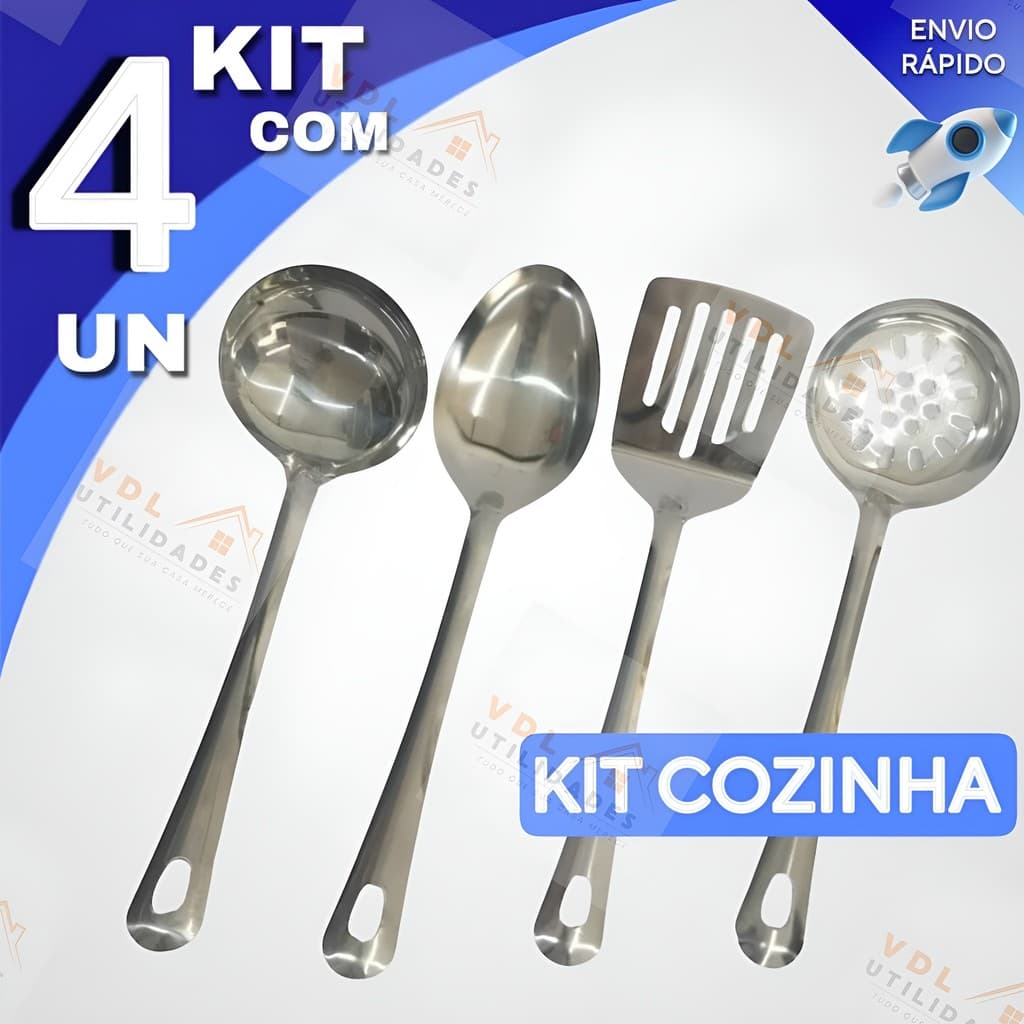 Kit Utensílios Para Cozinha 4 Peças Em Aço Inox Colher De Arroz Escumadeira Concha