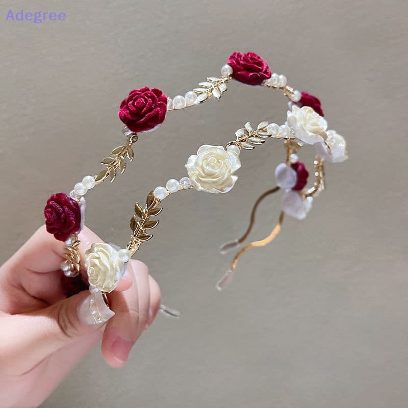 Adegree Ladies Elegant Rose Headband Acessórios De Cabelo Cabeleireira Meninas Vintage Metal Flower Pearl Vermelho Rosa Branca Tiara Hairbands Novo