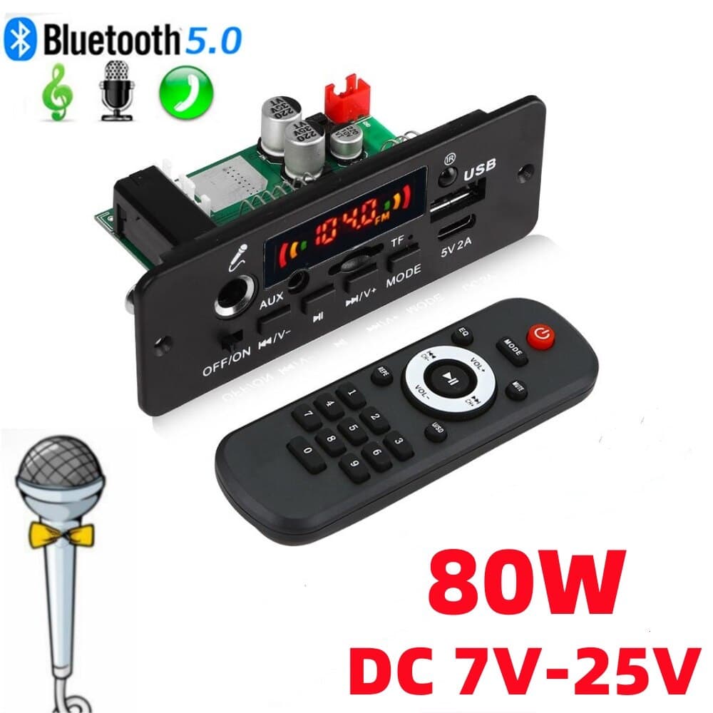 Placa Decodificadora Amplificadora De 40W 80W MP3 DIY MP3 6.5mm Microfone 12V Carro MP3 Player Bluetooth 5.0 FM Rádio TF AUX USB Gravação Mãos-Livres
